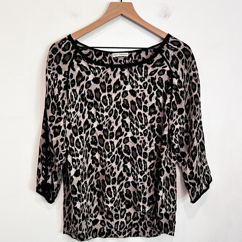 Ulla Johnson Leopard Print Silk Boat Neck Blouse Black Size 8